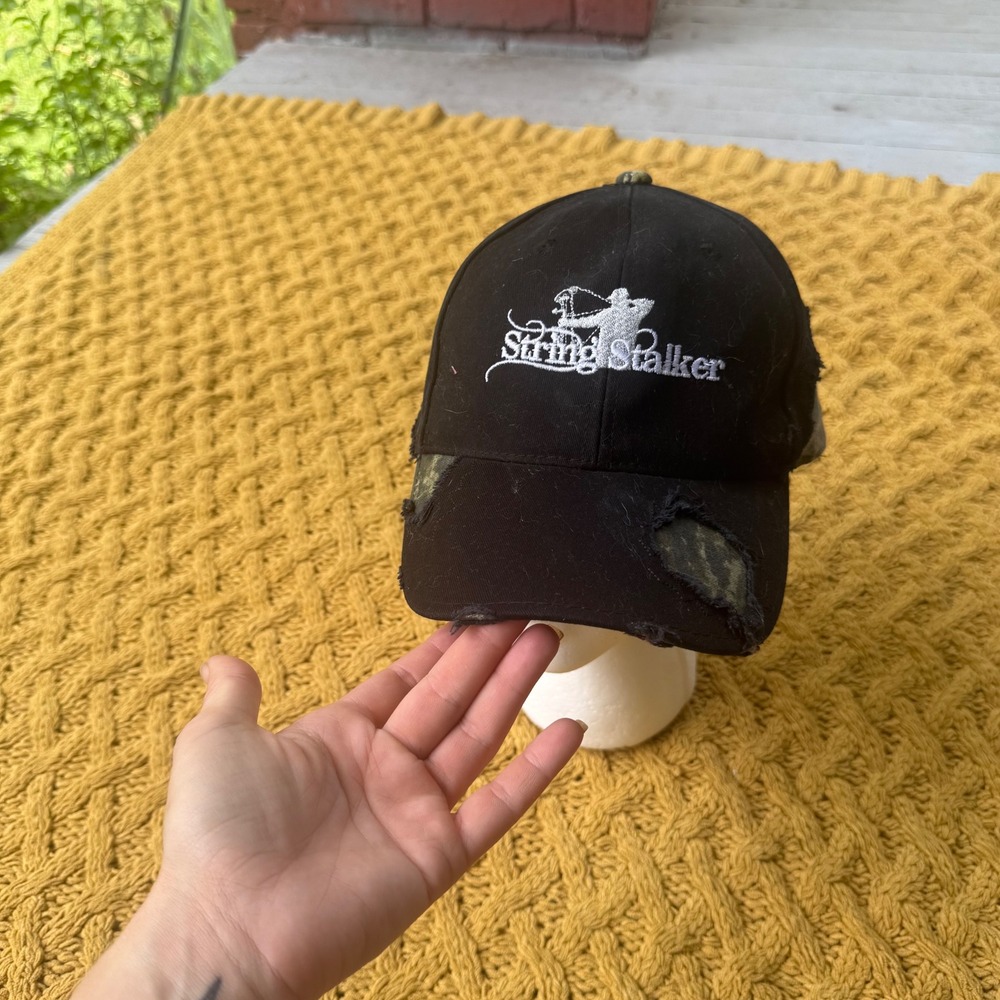 String Stalker Archery Hat Mens Camo Black Distressed Logo Baseball Cap